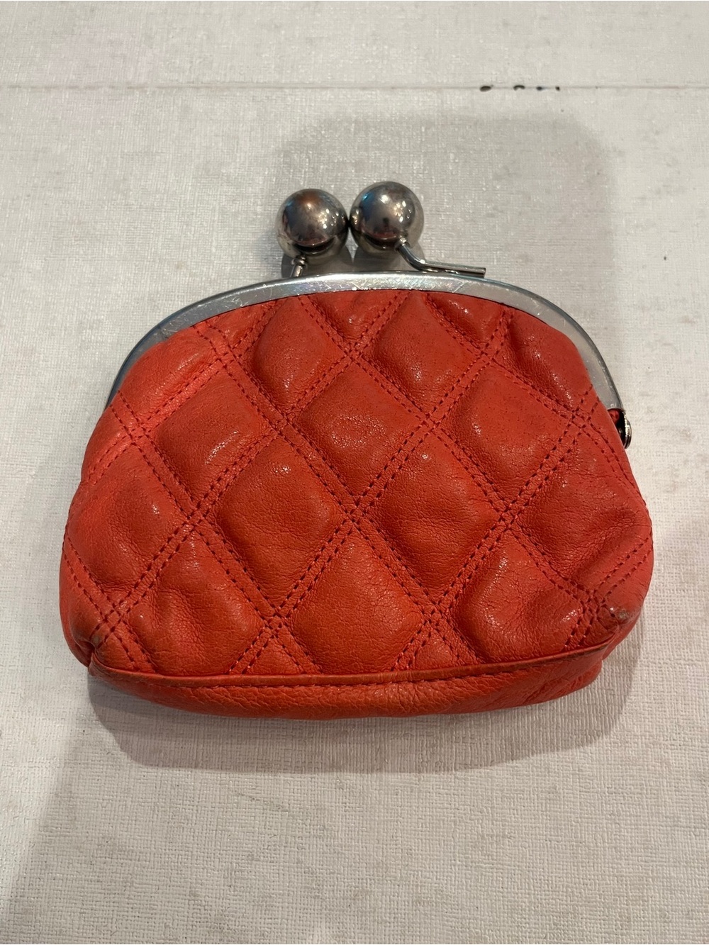 Topshop/ Saddler Quilted Orange Leather Kiss-Lock Coin Purse.